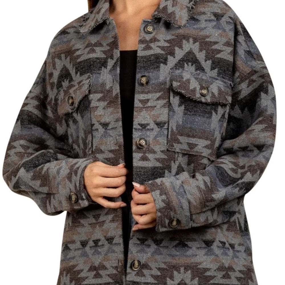 Women's Patterned Botique Jacket Shacket Wool Ble… - image 1